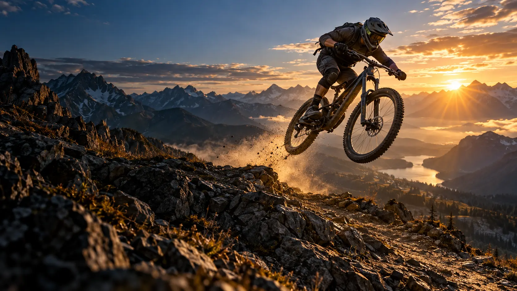 朝日の山岳尾根を跳ぶ架空のマウンテンバイク選手