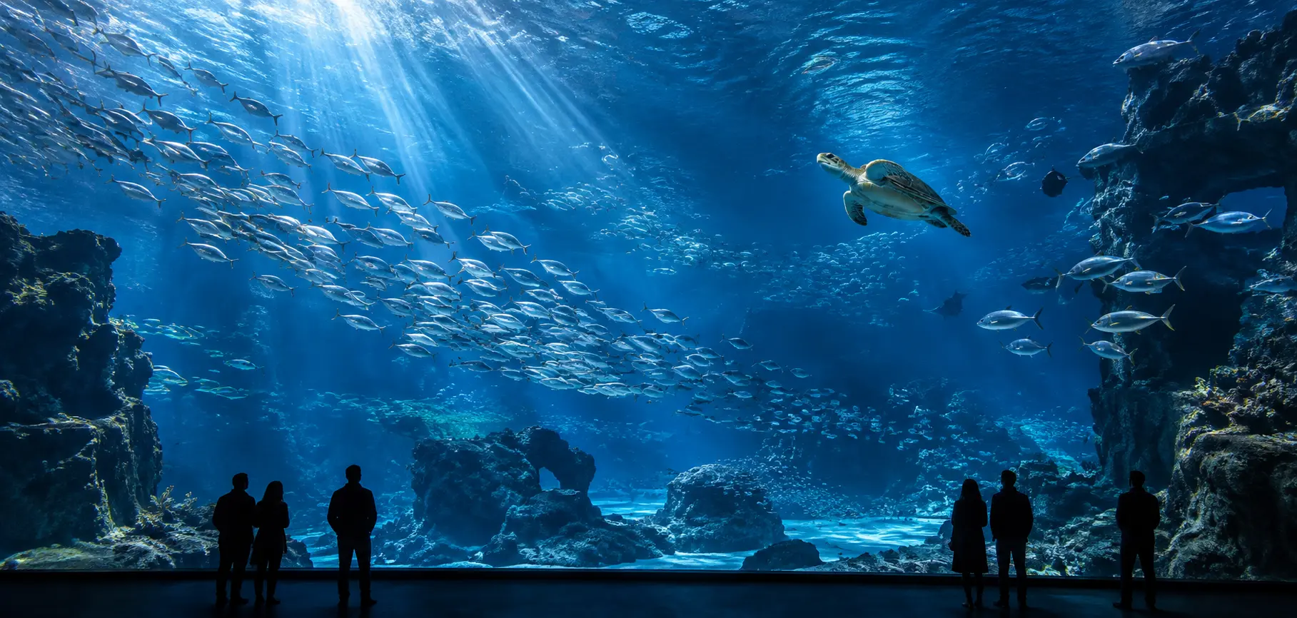 架空水族館の大水槽と海中を泳ぐ魚群