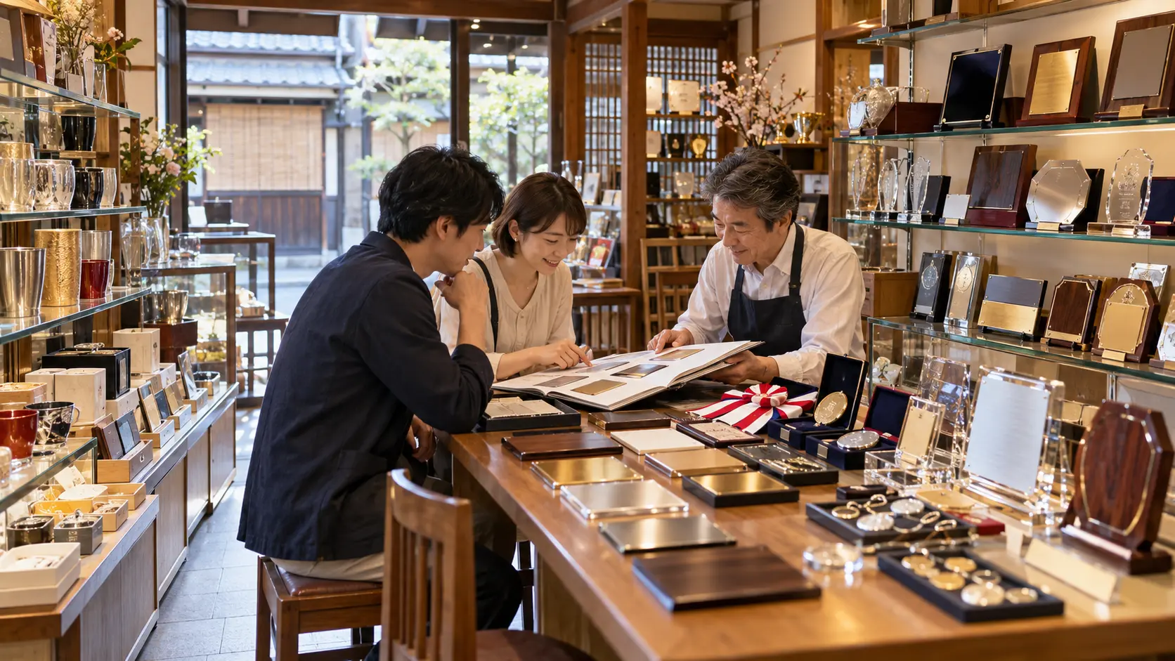 表彰用品と記念品の実物を見ながら相談する架空の地域店舗