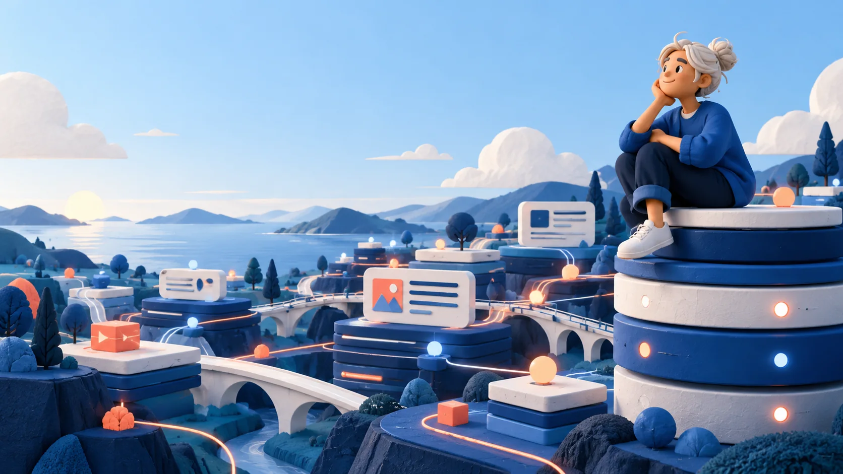 積層されたWeb基盤の風景を見渡す架空の独立技術専門家のイラスト
