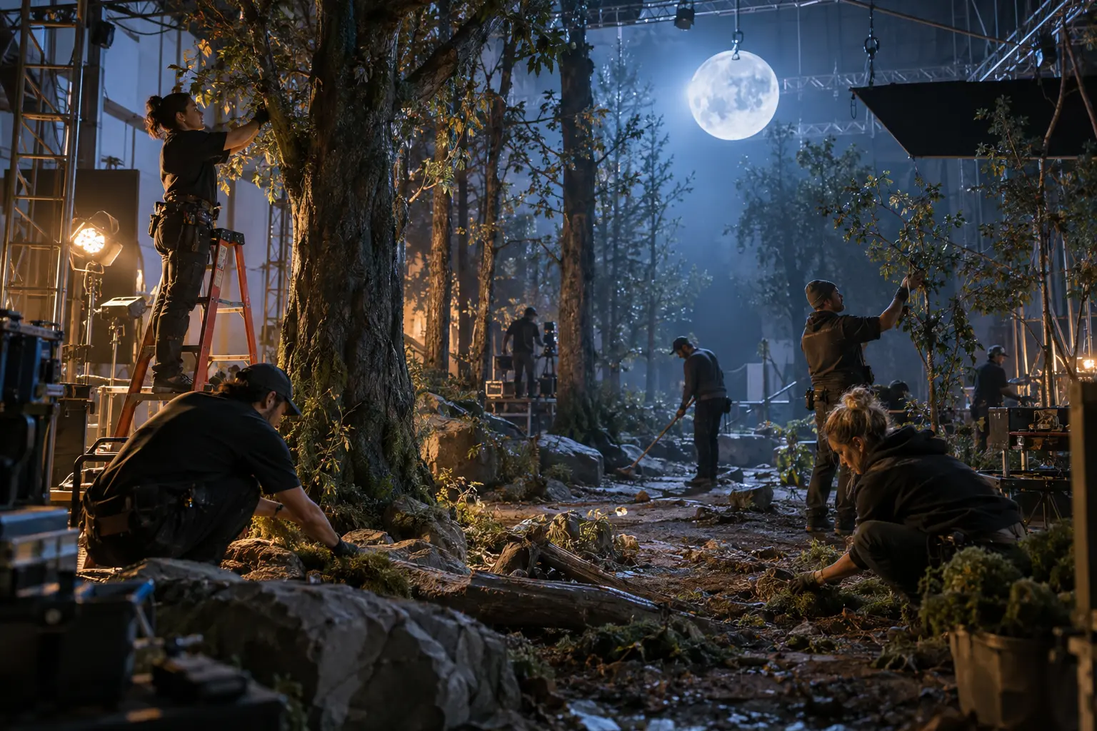 架空映画の月夜の森セットを制作するスタッフ