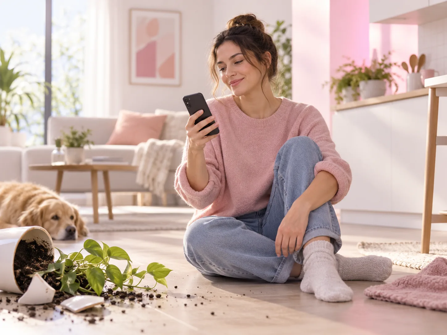 スマートフォンで手続きを進める架空の利用者