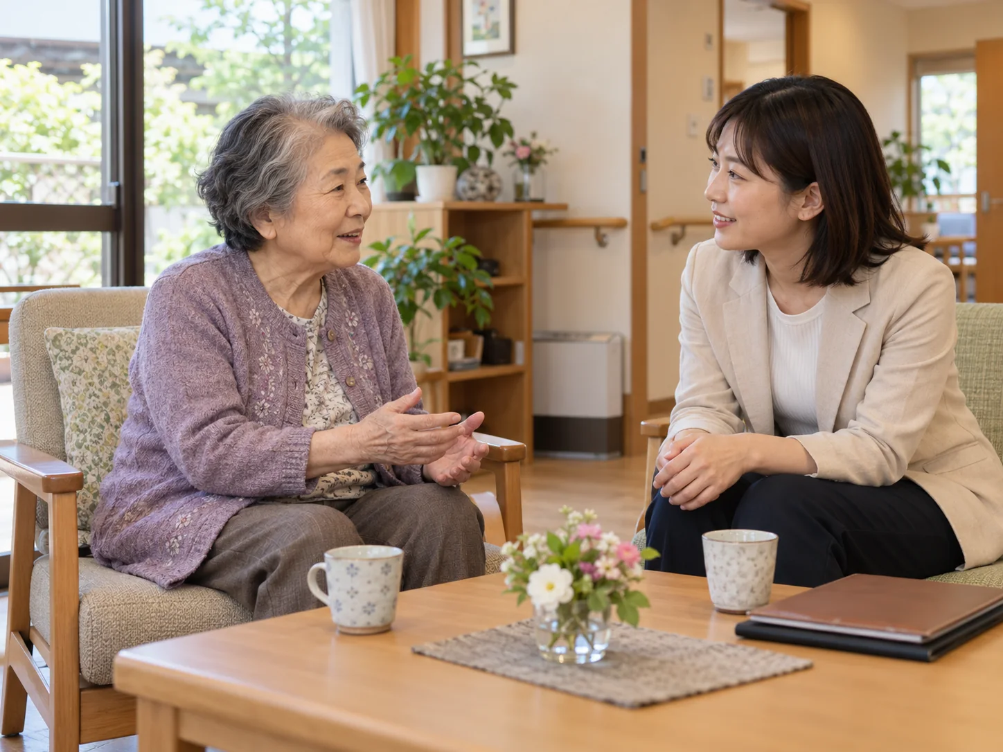 高齢者と相談員が話す架空の場面を示す生成画像