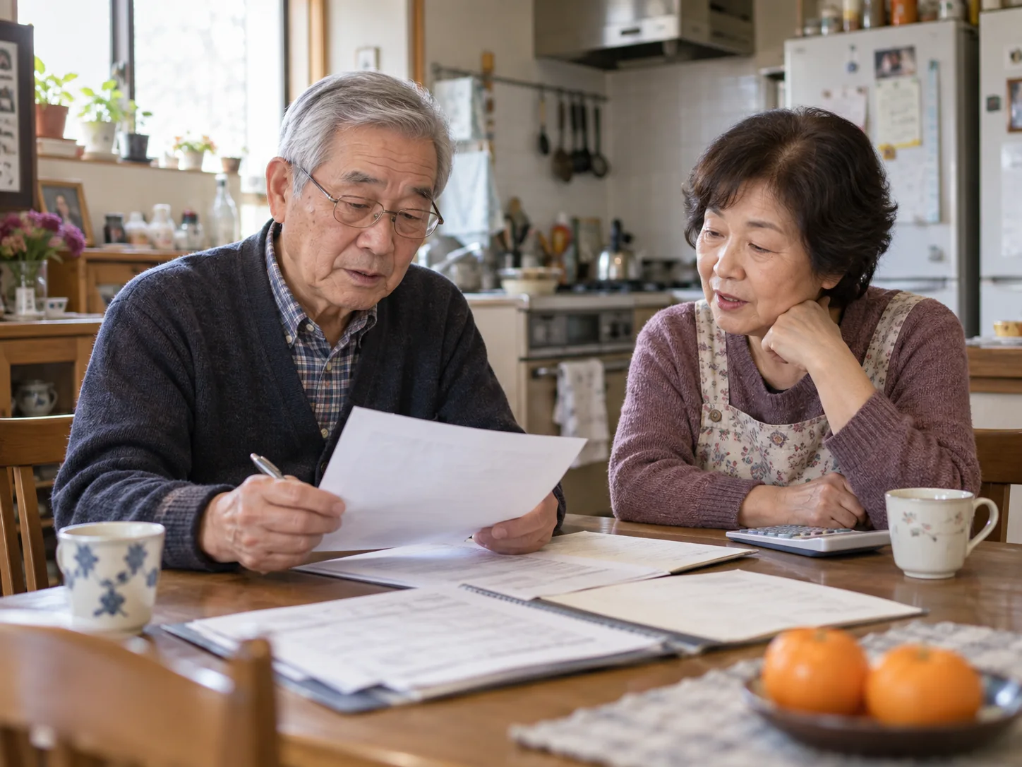 架空の夫婦が家計の書類を確認する生成画像