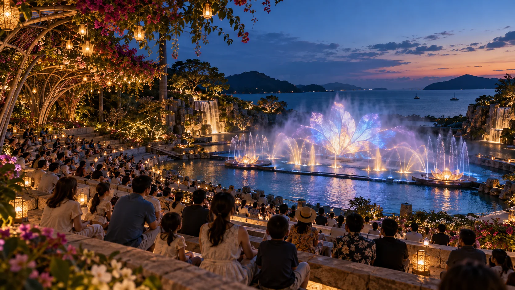 架空の夜間の水と光の催しの生成画像